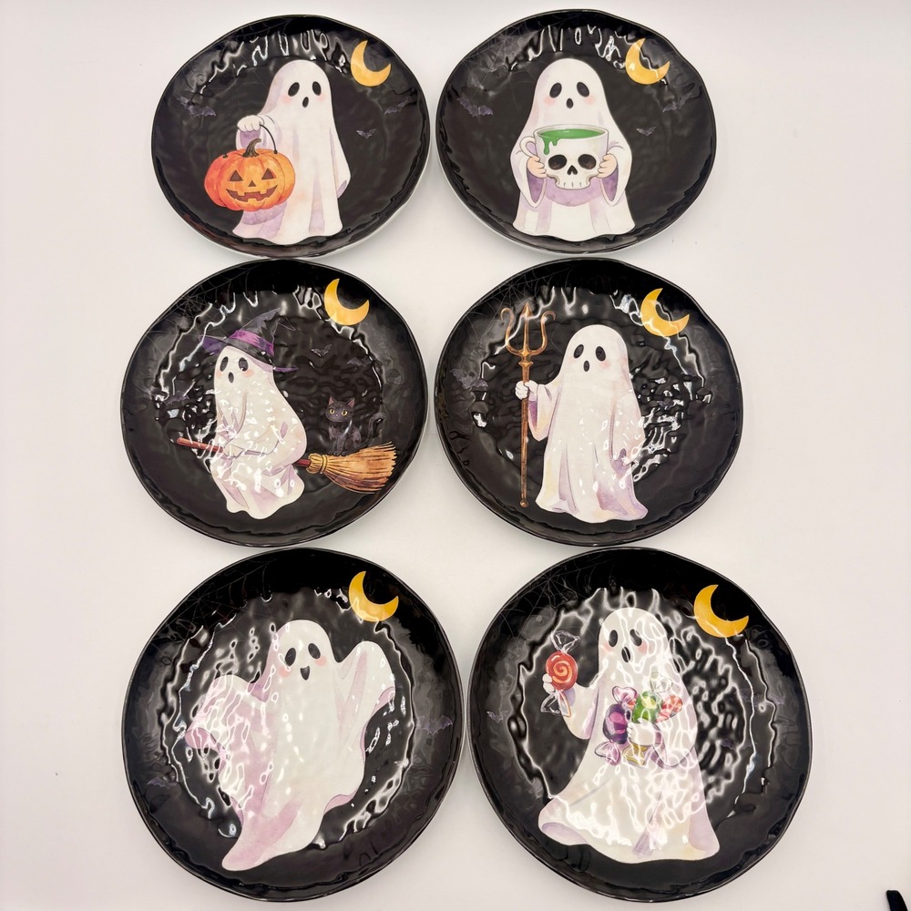 Set of 6 Halloween Ghost Glow in the Dark Salad Melamine Plates Spooky Decor